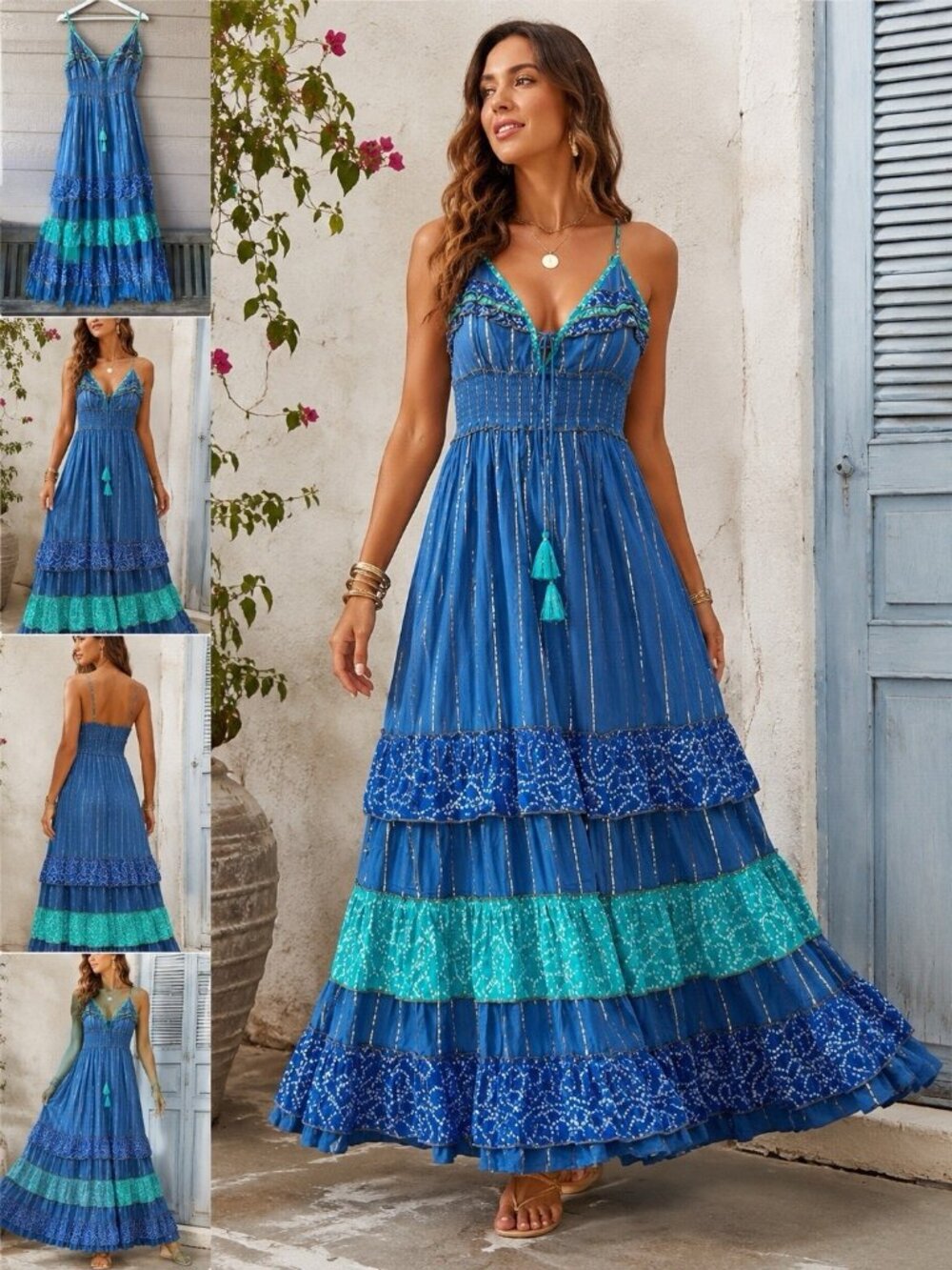 Ananta Women’s L XL Blue Metallic Stripe Maxi Dress Boho Tiered Tassel NWT